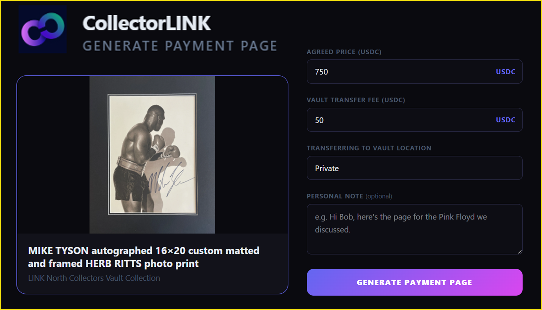 CollectorLINK payment page generation screen